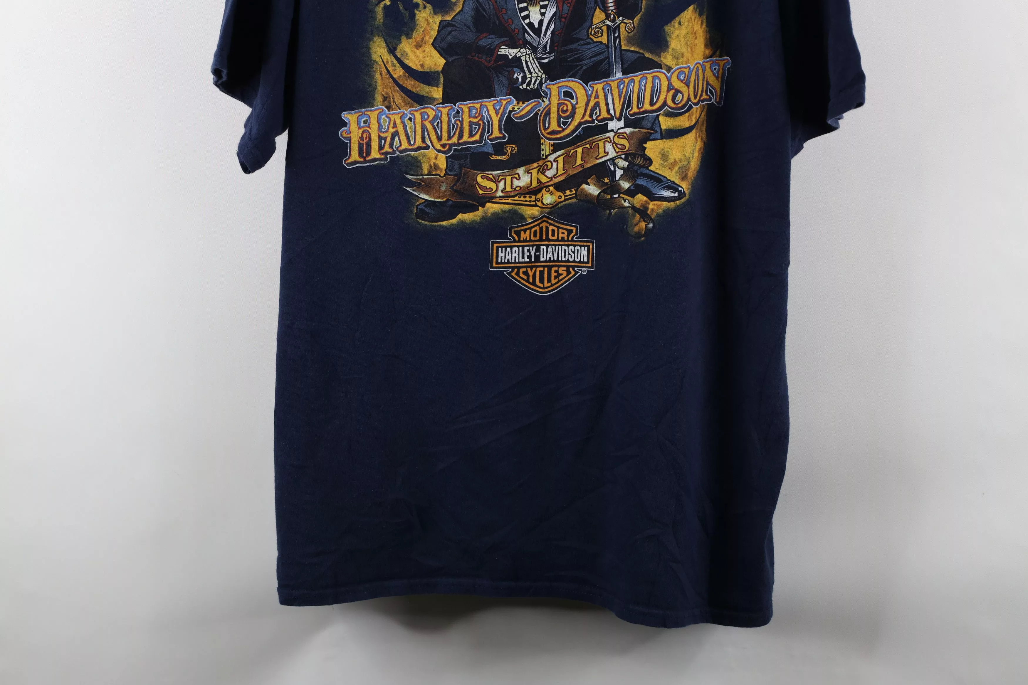 Harley Davidson Short Sleeve T Shirts Harley Davidson × Vintage Vintage Harley Davidson Skull Fire Flames T-Shirt Blue