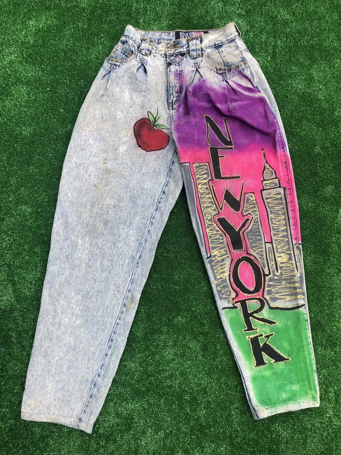 Vintage Denim Vintage 90s New York Airbrushed Jeans Twin Towers Acid Wash Blue Streetwear
