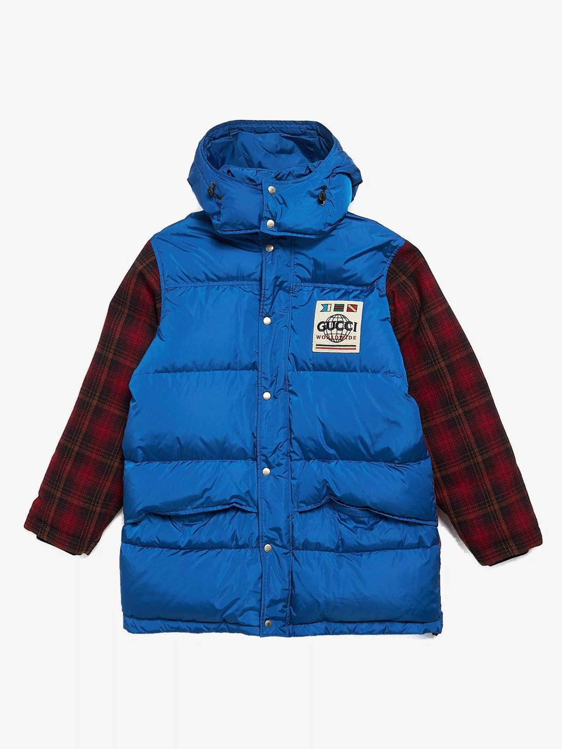 Gucci Parkas Gucci Blue And Checkered Red Sleeves Downjacket