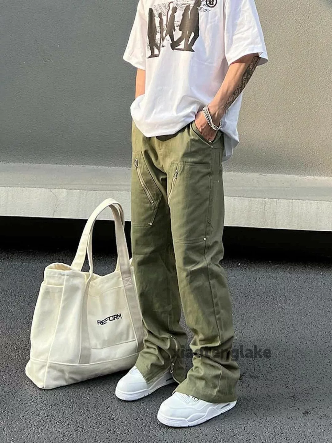 Designer Casual Pants Designer × Japanese Brand × Vintage utility skate hiphop zipper flared cargo carpenter pants Green