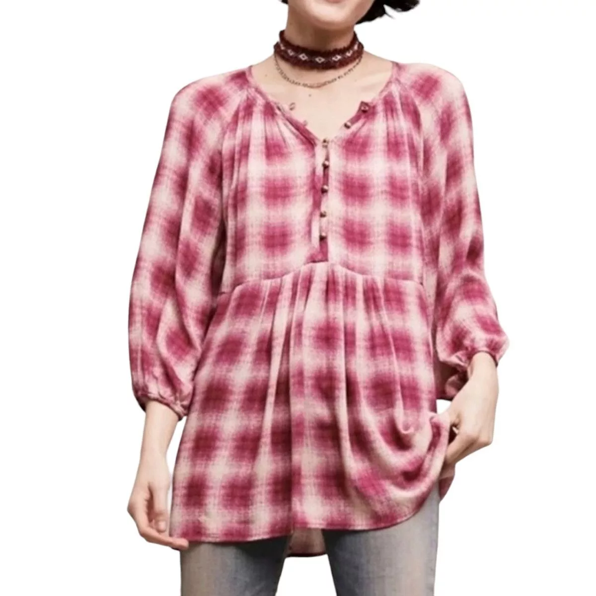 Anthropologie Blouses Anthropologie Maeve plaid peplum top Pink