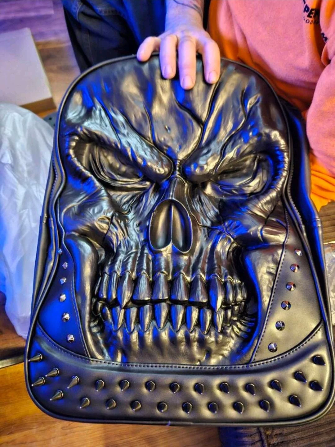 Leather Bags Luggage Spiky Skull Leather Bagpack Large Black Streetwear