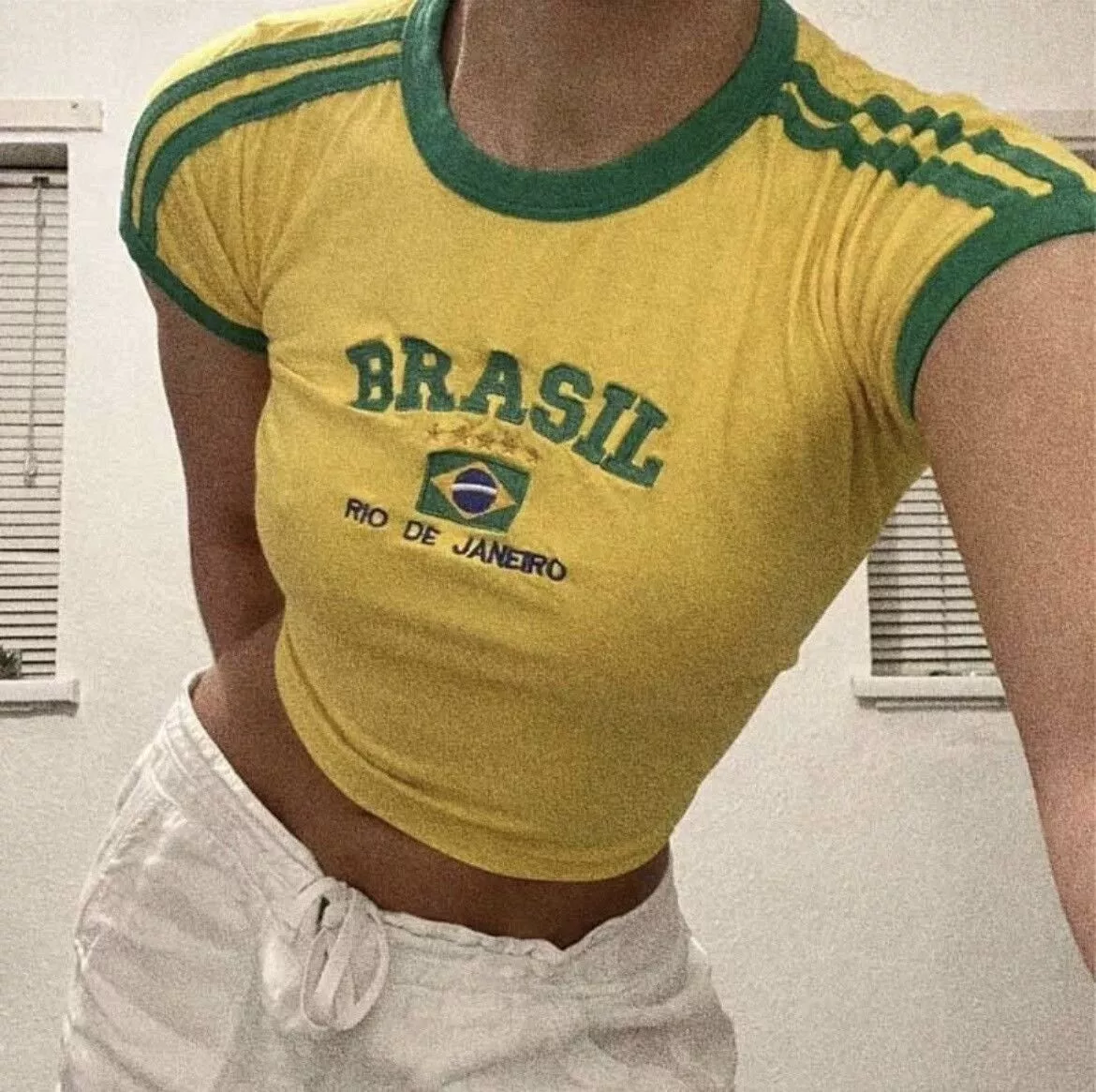 Vintage Crop Tops Vintage Y2K Brazil Crop Top Baby Tee T-shirt Blokecore Yellow
