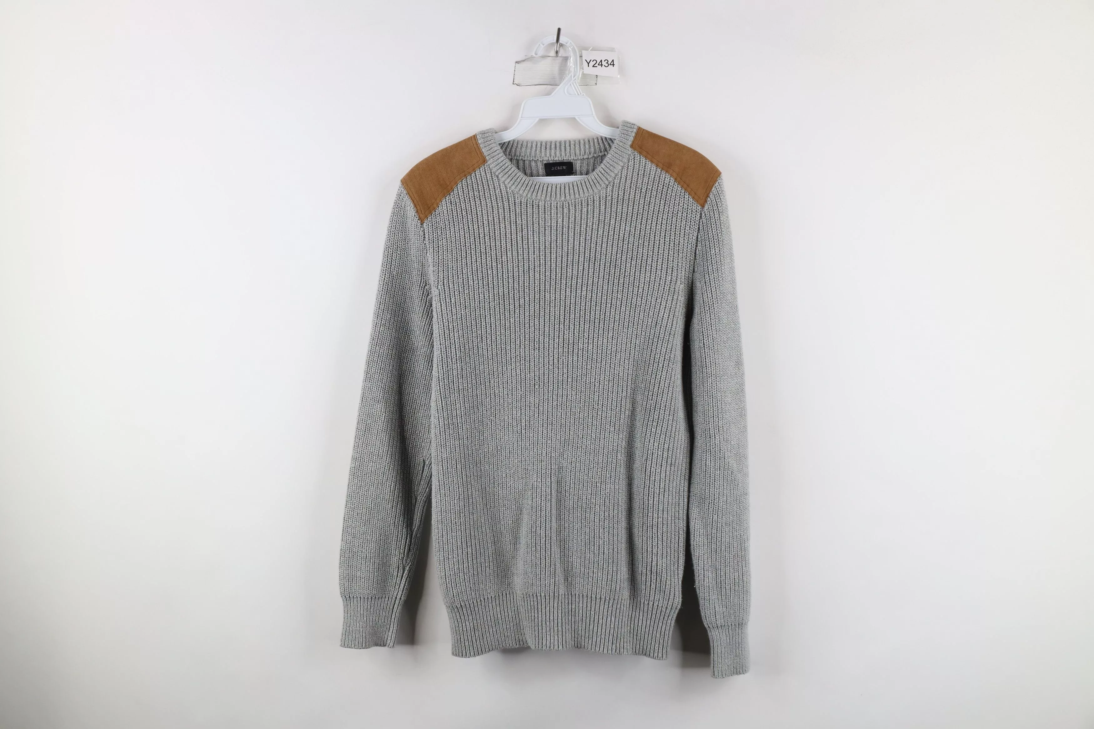 J.Crew Sweaters Knitwear J.Crew × Vintage J Crew Leather Trim Chunky Ribbed Knit Crewneck Sweater Gray