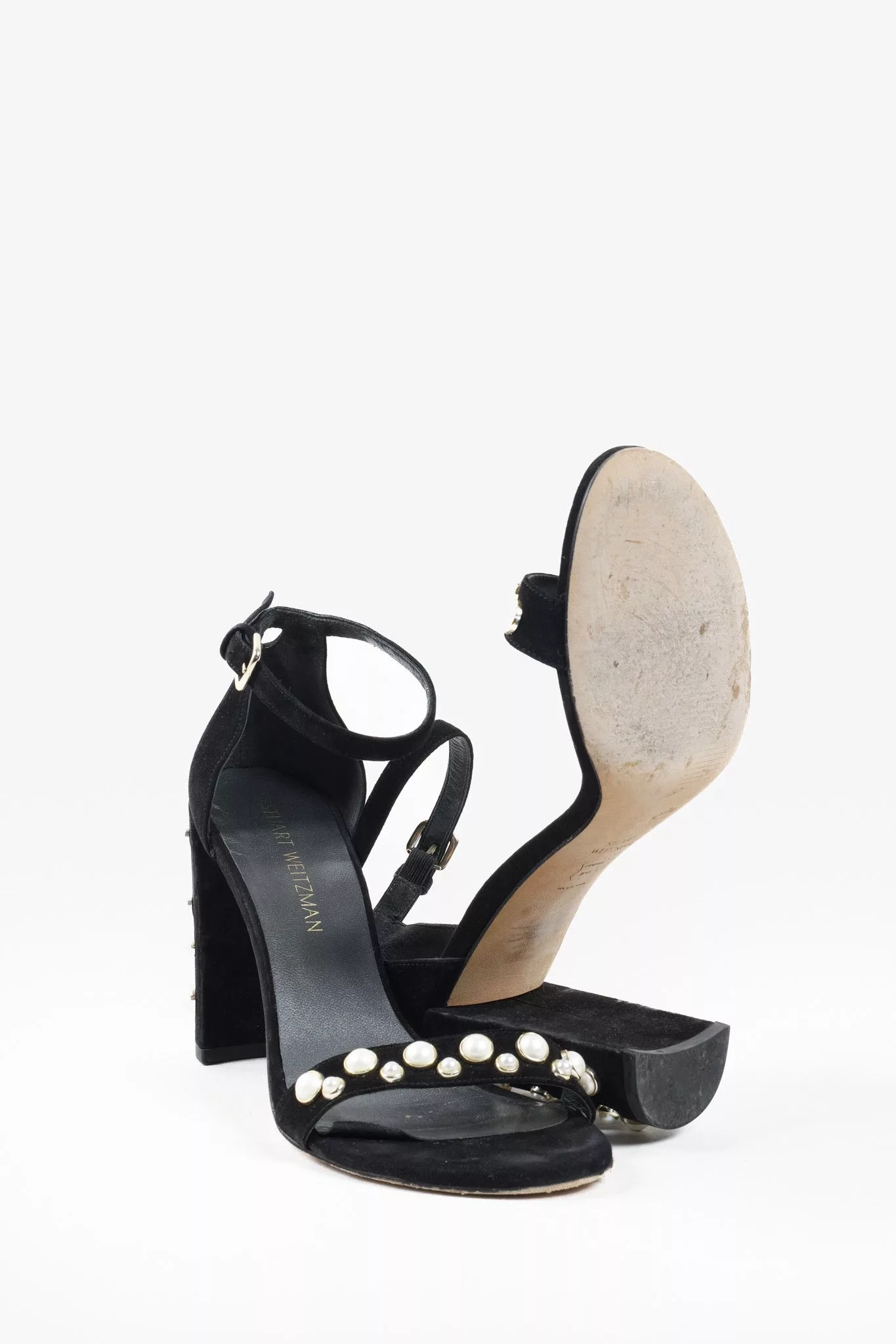 Stuart Weitzman Heels Stuart Weitzman Black Pearl Studded Open-Toe Heeled Sandals