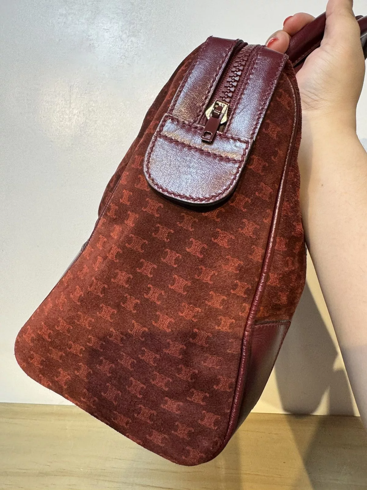 Celine Handle Bags Celine Macadam Handbag Red Suede