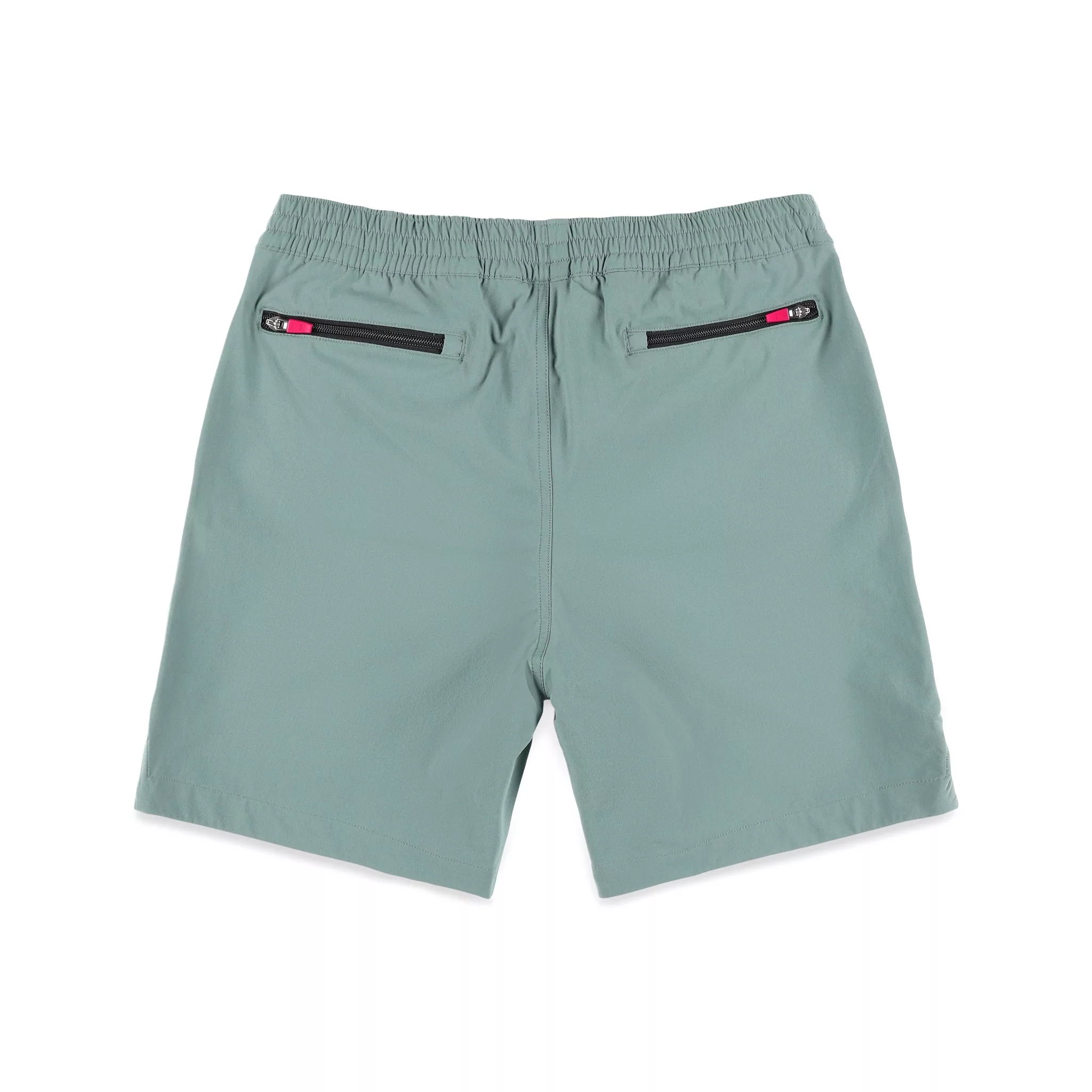 Back zipper pockets on Topo Designs Men's Global lightweight quick dry travel Shorts in Slate blue.