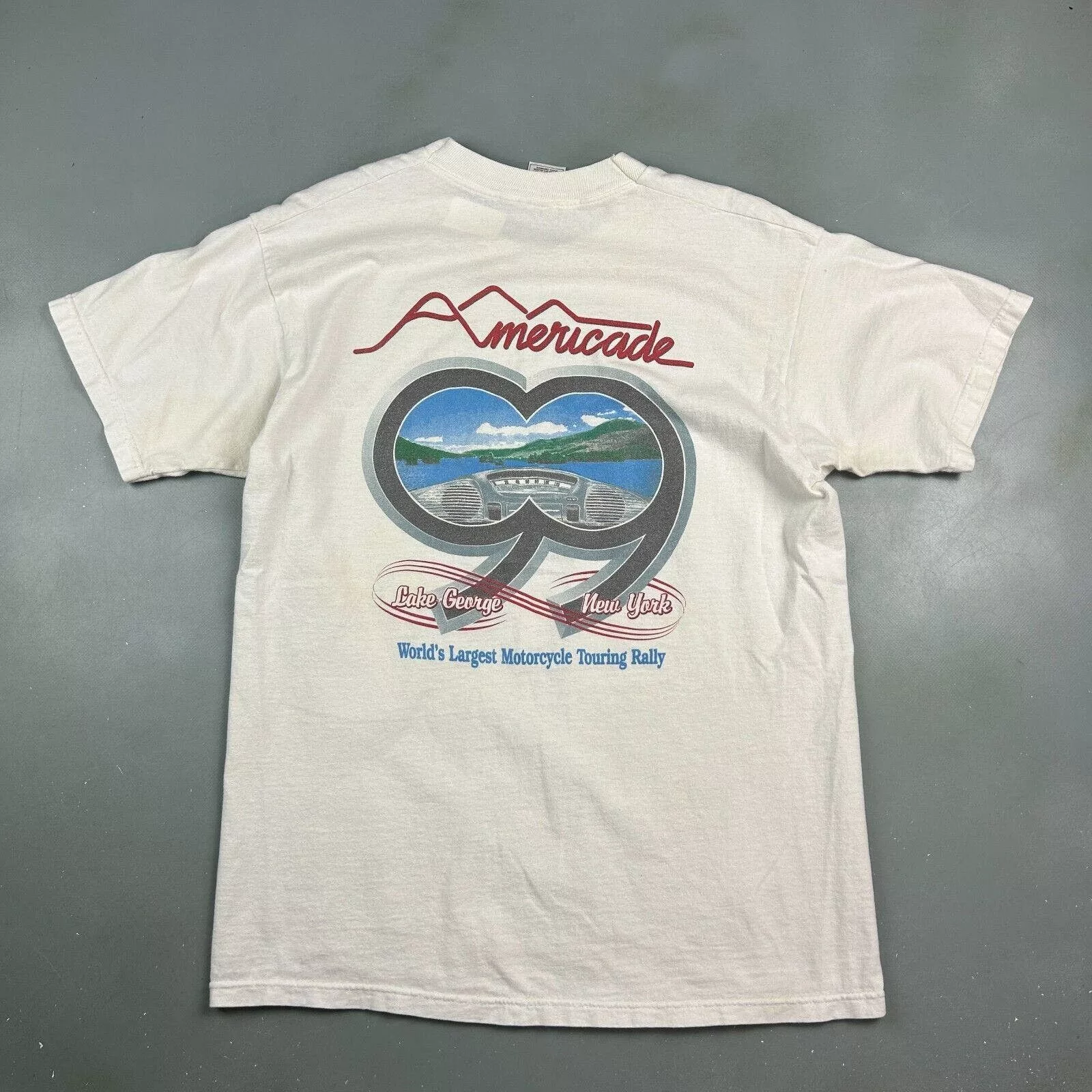 Fruit Of The Loom Short Sleeve T Shirts Fruit Of The Loom VINTAGE 1999 | Americade Motorcycle Rally Biker T-Shirt sz L White