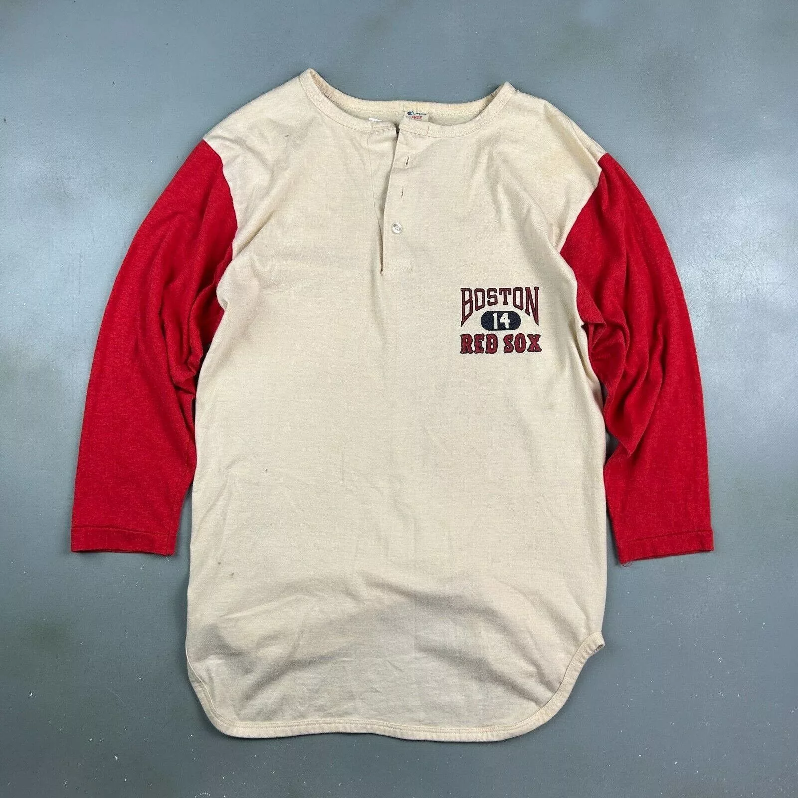 Champion Short Sleeve T Shirts Champion VINTAGE 80s | Boston Red Sox Henley 3/4 Sleeve T-Shirt sz M White