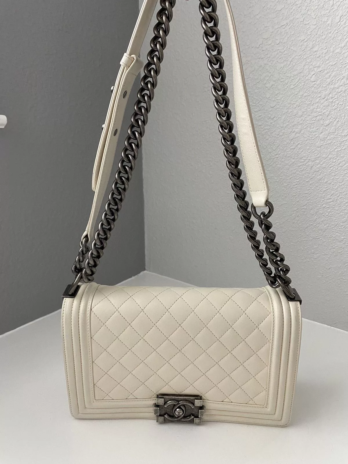 Chanel Shoulder Bags Authentic Chanel Medium Boy Quilted Bag White