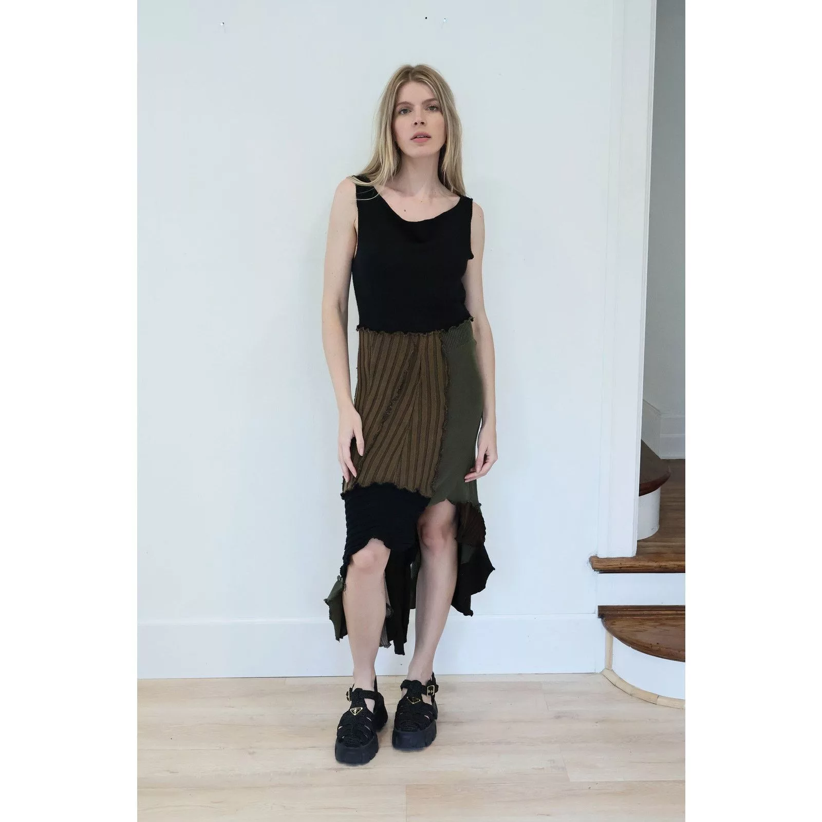 Vintage Maxi Dresses Vintage Y2K Handmade Knit Patchwork Asymmetrical Maxi Black