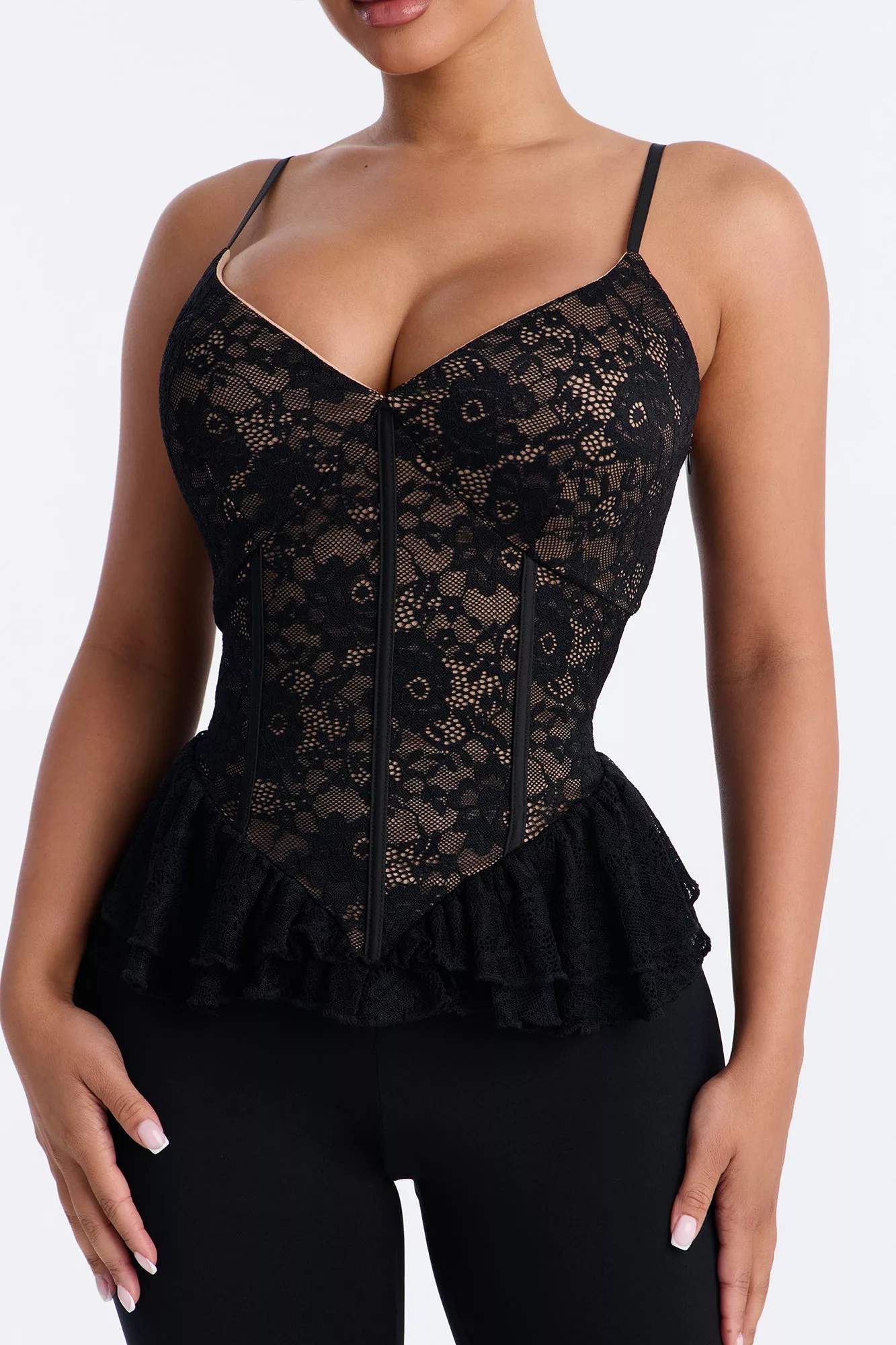 Another Romance Lace Ruffle Corset Top - Black
