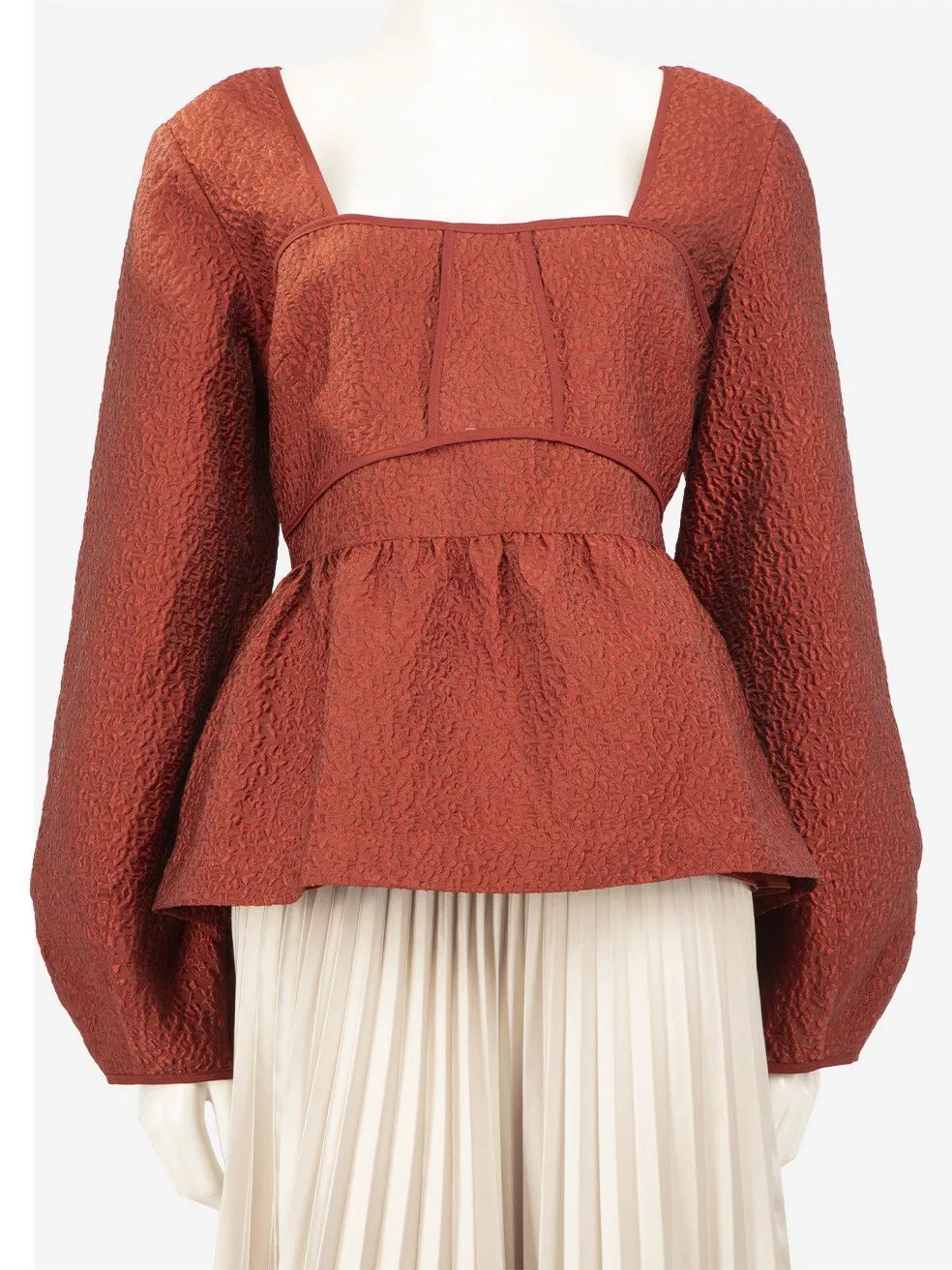 Jonathan Simkhai Long Sleeve T Shirts Jonathan Simkhai Red Jacquard Pattern Puff Sleeve Top