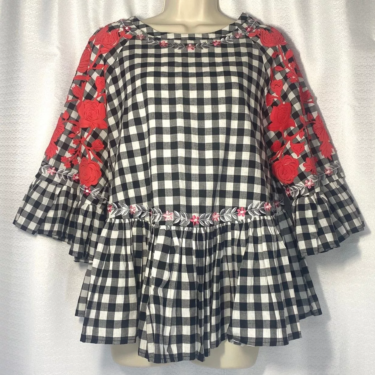 Anthropologie Blouses Anthropologie Pankaj Nidhi Gingham Embroid Blouse women sz S Red
