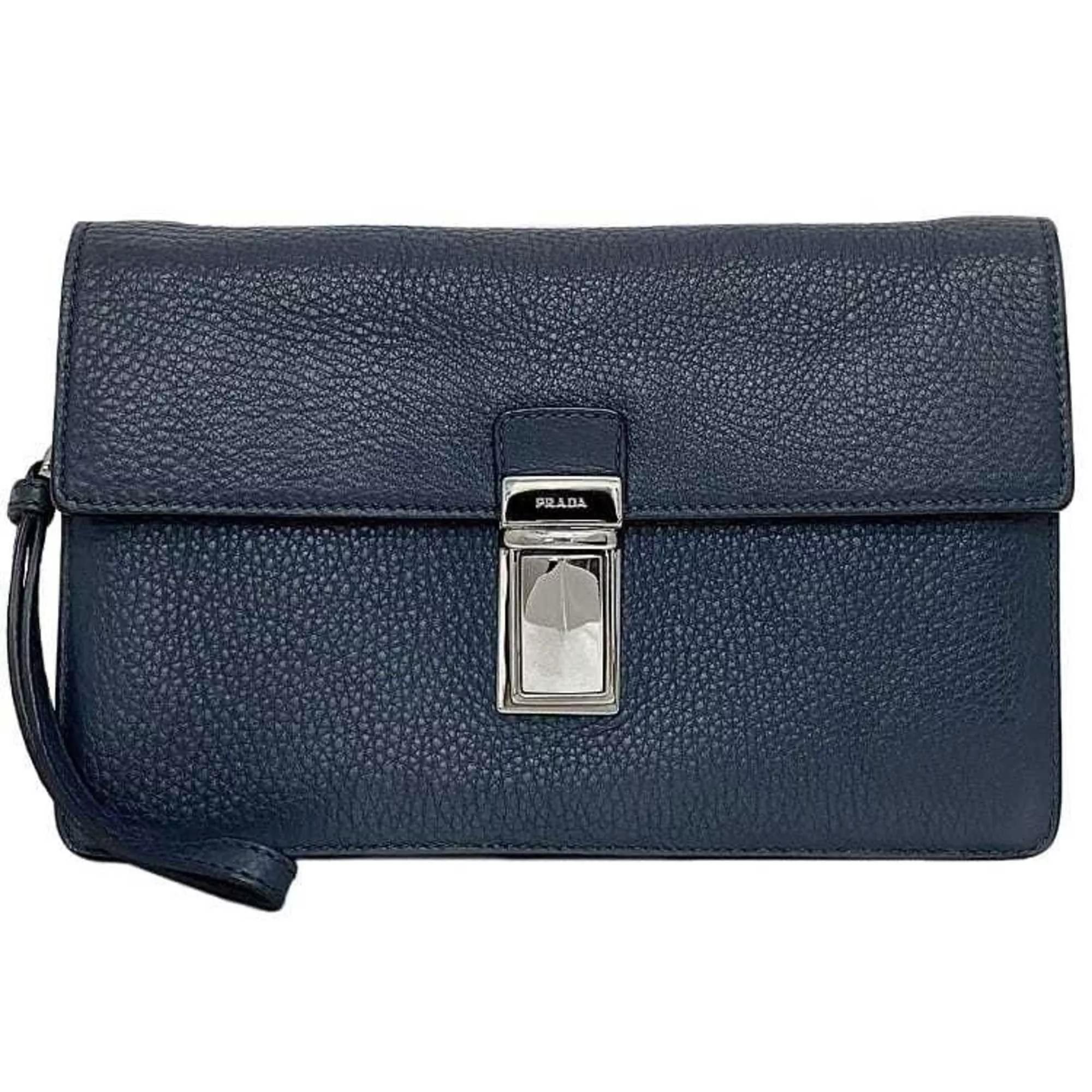 Prada Other Prada Second Bag Blue VR0092 f-20558 with Strap Saffiano Leather PRADA Clutch Handbag Flap Triangle Plate Men's