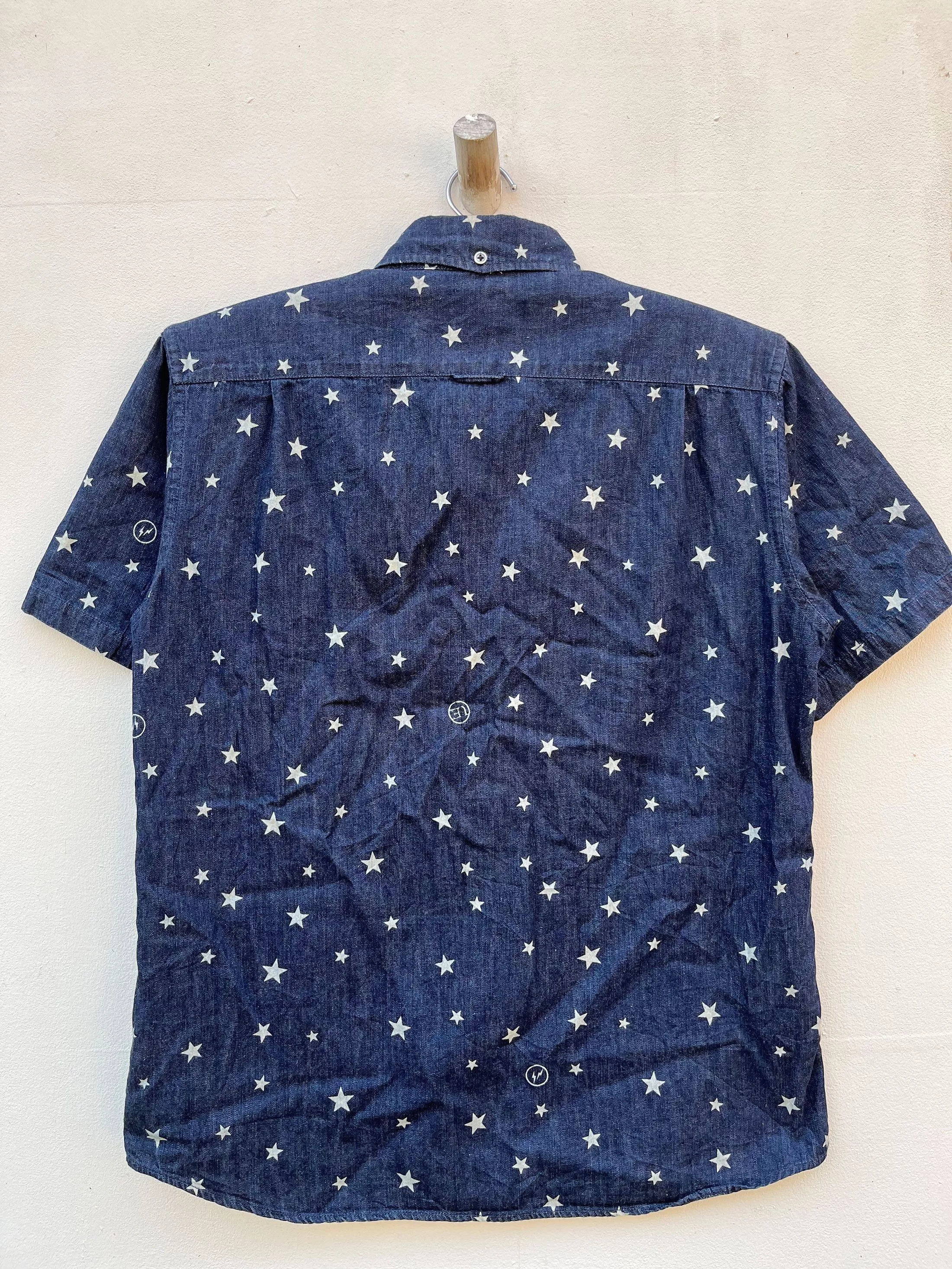 Designer Shirts Button Ups Designer × Fragment Design × uniform experiment Uniform Experiment Soph Denim Short Sleeve Button Down Shirt Blue