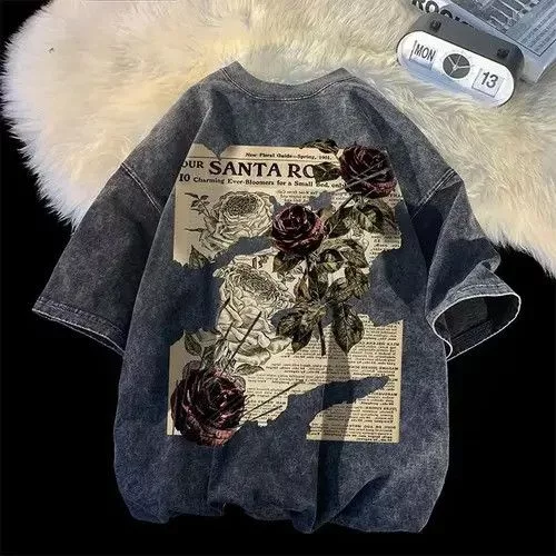 Designer Shirts Button Ups Designer Rose Graphic Short Sleeve Oversized Gray Streetwear