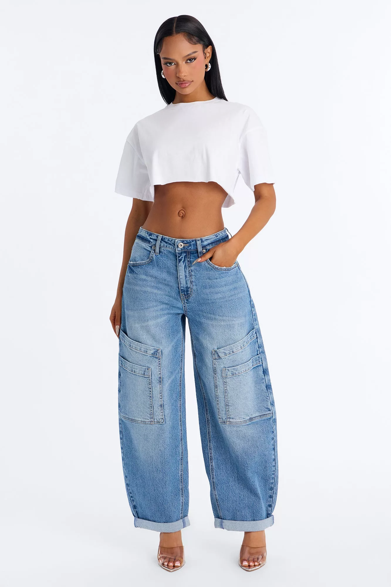 Easy To Please Baggy Cargo Jeans - Medium Wash