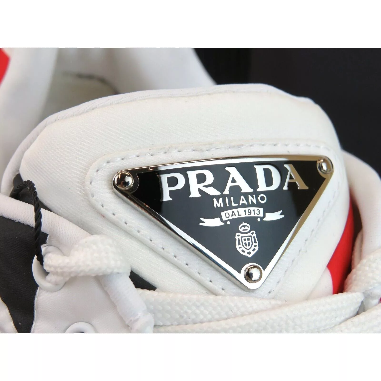 Prada Low Top Sneakers Prada 1E863M WHITE BLACK RED NYLON LOGO THUNDER LOW SNEAKERS 38.5