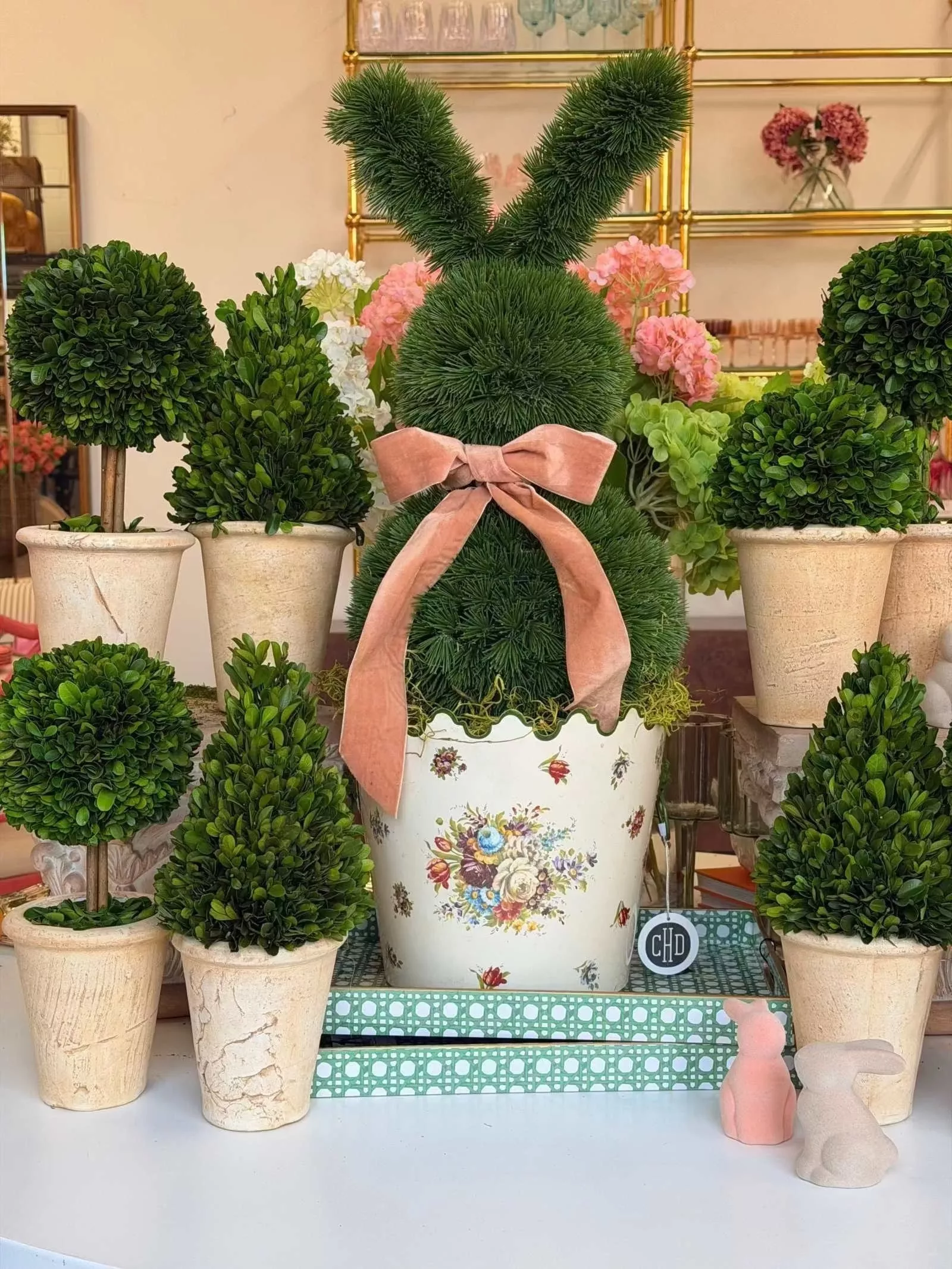 Assorted preserved boxwood topiary shapes in vibrant green for indoor decor