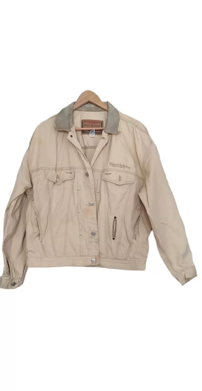 Diesel Light Jackets Diesel × Vintage Diesel Industry Denim Jacket Green Leather Collar Made Italy Beige