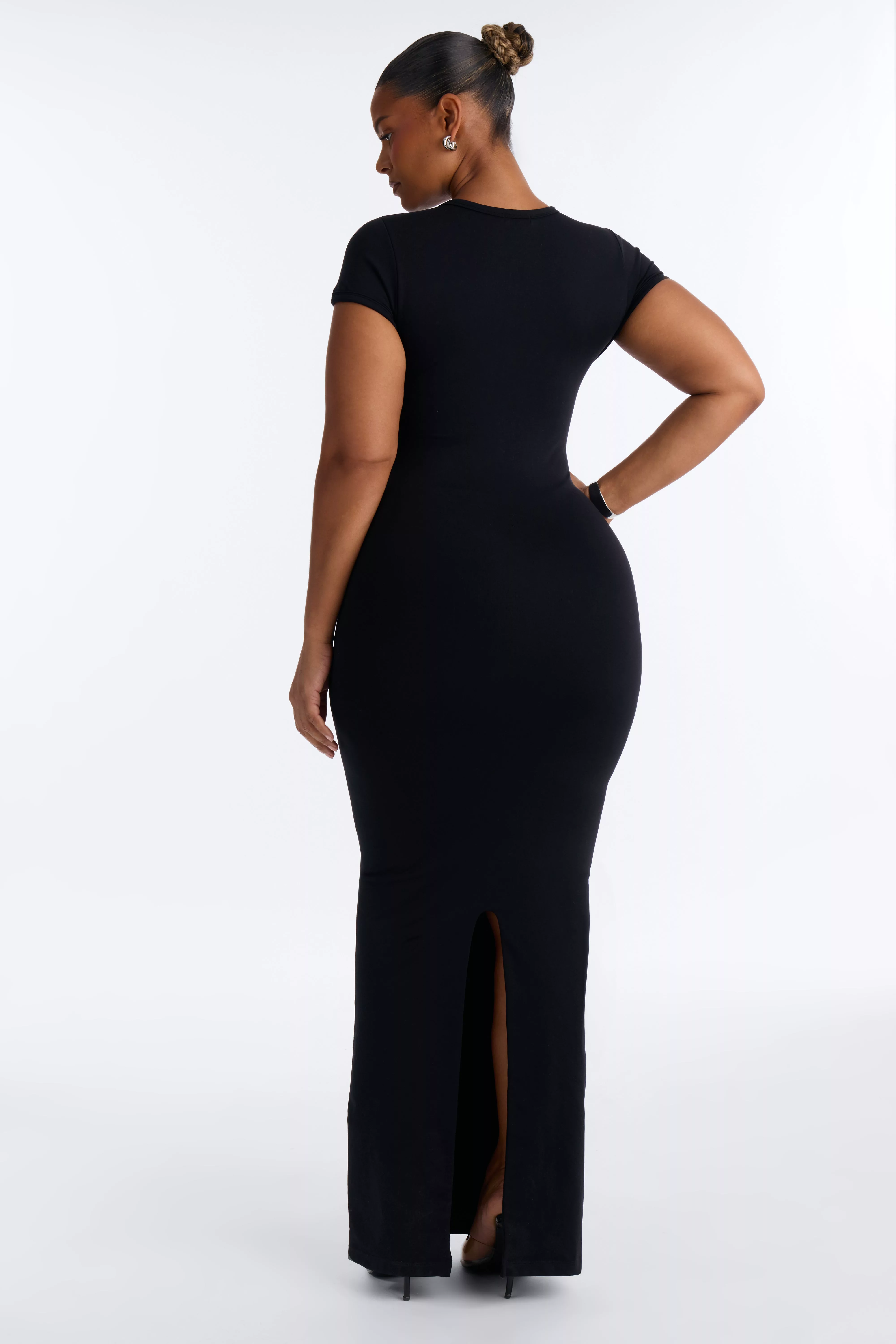 Seamless Smooth Double Lined Cap Sleeve Maxi Dress - Black