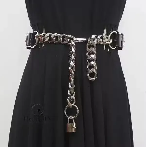 Other Belts Other PU Leather Black Thick Metal Chain Long Wide Belt Streetwear