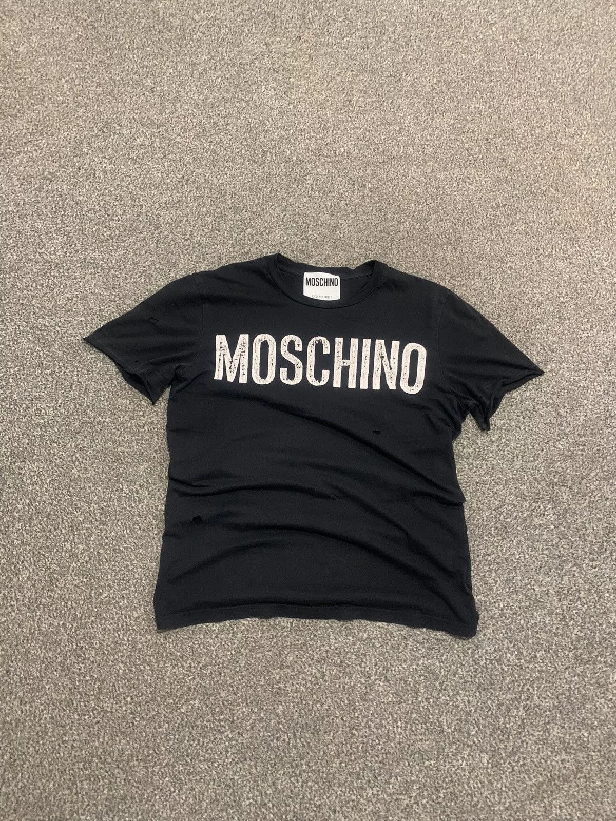 Moschino Short Sleeve T Shirts Moschino Trashed Printed Logo Tshirt Black Avant-Garde