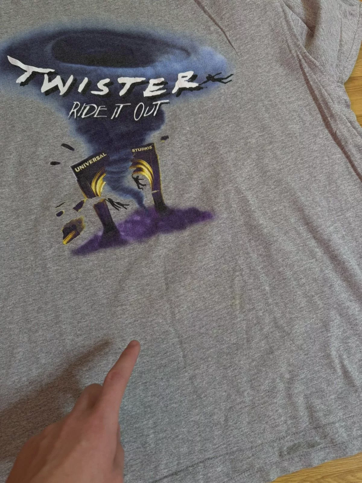 Universal Studios Short Sleeve T Shirts Universal Studios × Vintage Vintage 90’s Twister Ride it Out Universal Studios Movie Tee Gray