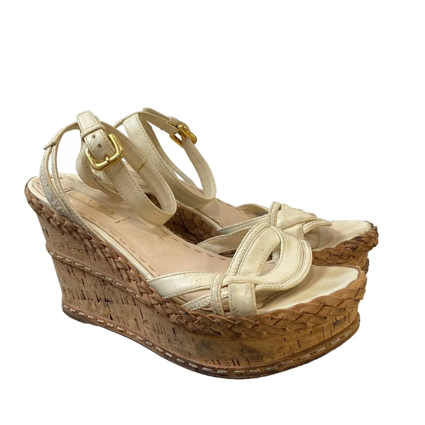 Prada Platforms Prada Cork Wedge Leather Ankle Strap Sandals Women's 40.5 White