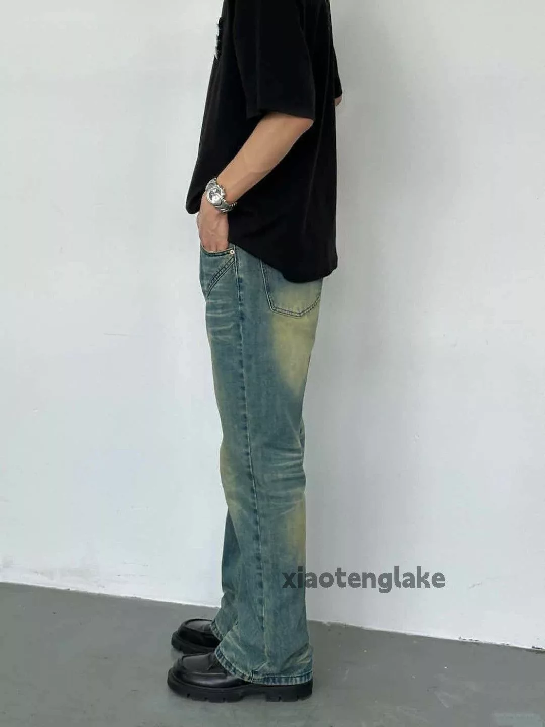Jean Denim Jean × Vintage patchwork washed faded grunge flared jeans Blue