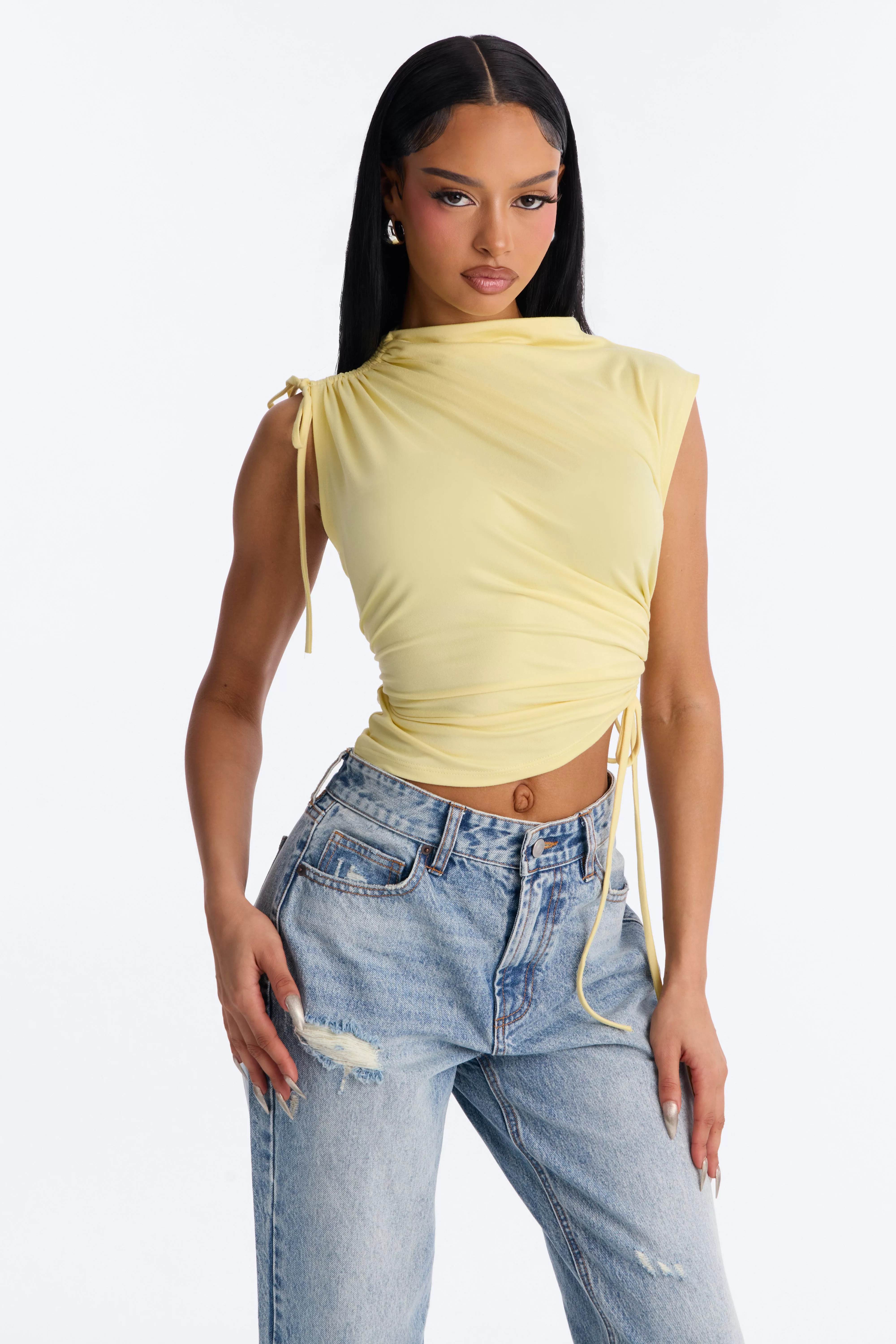 Devon Ruched Drawstring Mock Neck Top - ButterYellow