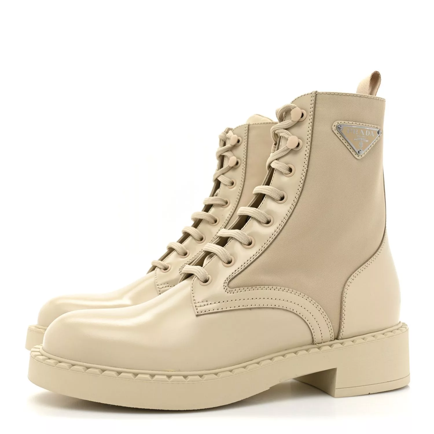 Prada Boots Prada Re-Nylon Triangle Logo Lace Up Boots Beige