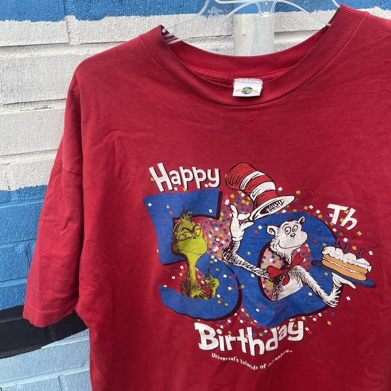 Universal Studios Short Sleeve T Shirts Universal Studios × Vintage Y2K Dr. Seuss Double Sided movie shirt Grinch Cat in Hat Red
