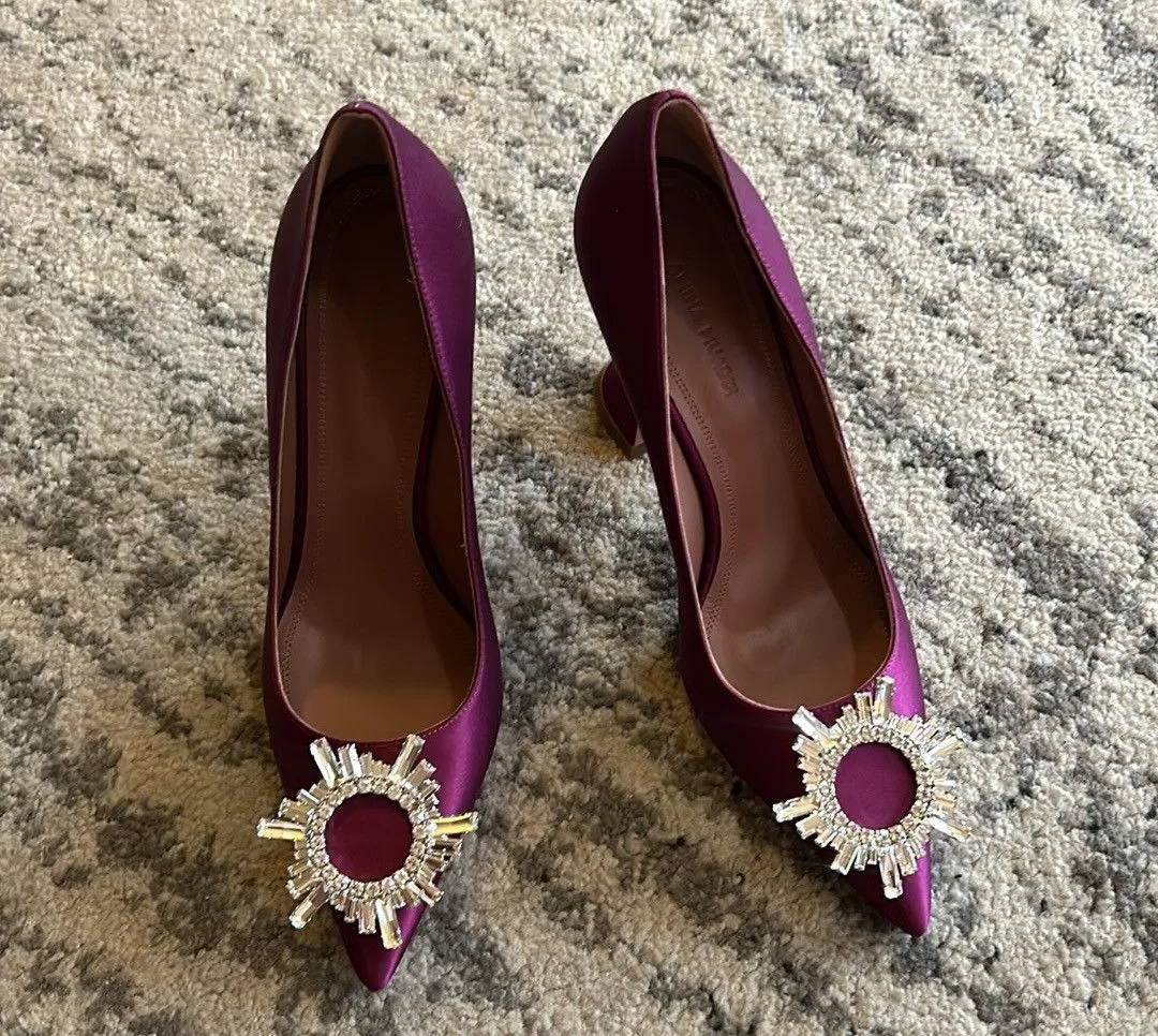 Amina Muaddi Heels Amina Muaddi Begum Brooch Pointed Toe Satin Pumps size 37 Purple