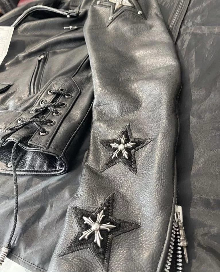 Chrome Hearts Leather Jackets Rare Chrome Hearts JJ Dean 3STAR Dagger Zip Leather Jacket Black