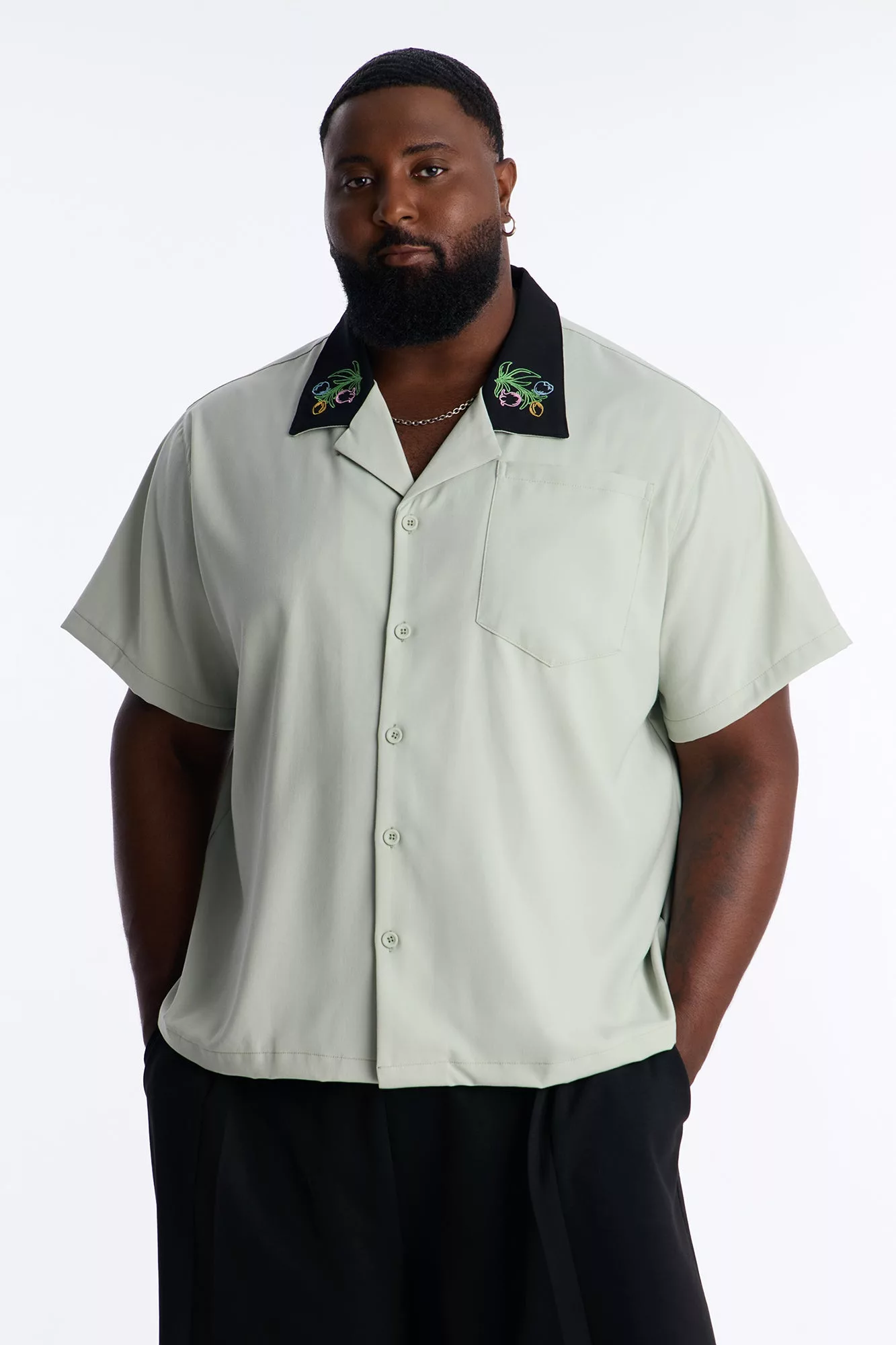 Botanical Embroidered Cuban Collar Button Up Shirt - Mint