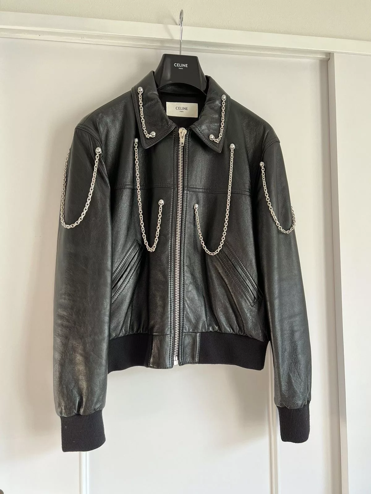 Celine Leather Jackets Celine × Hedi Slimane CELINE Oversized chains Leather Blouson Jacket Black