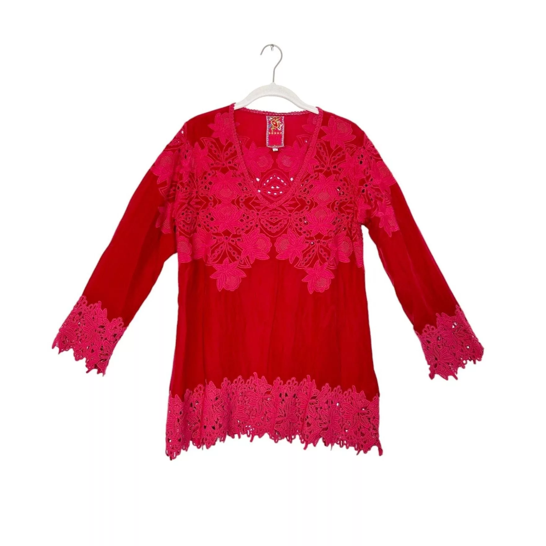 Johnny Was Blouses Johnny Was Red Crochet Lace Embroidered Eyelet Tunic in Red