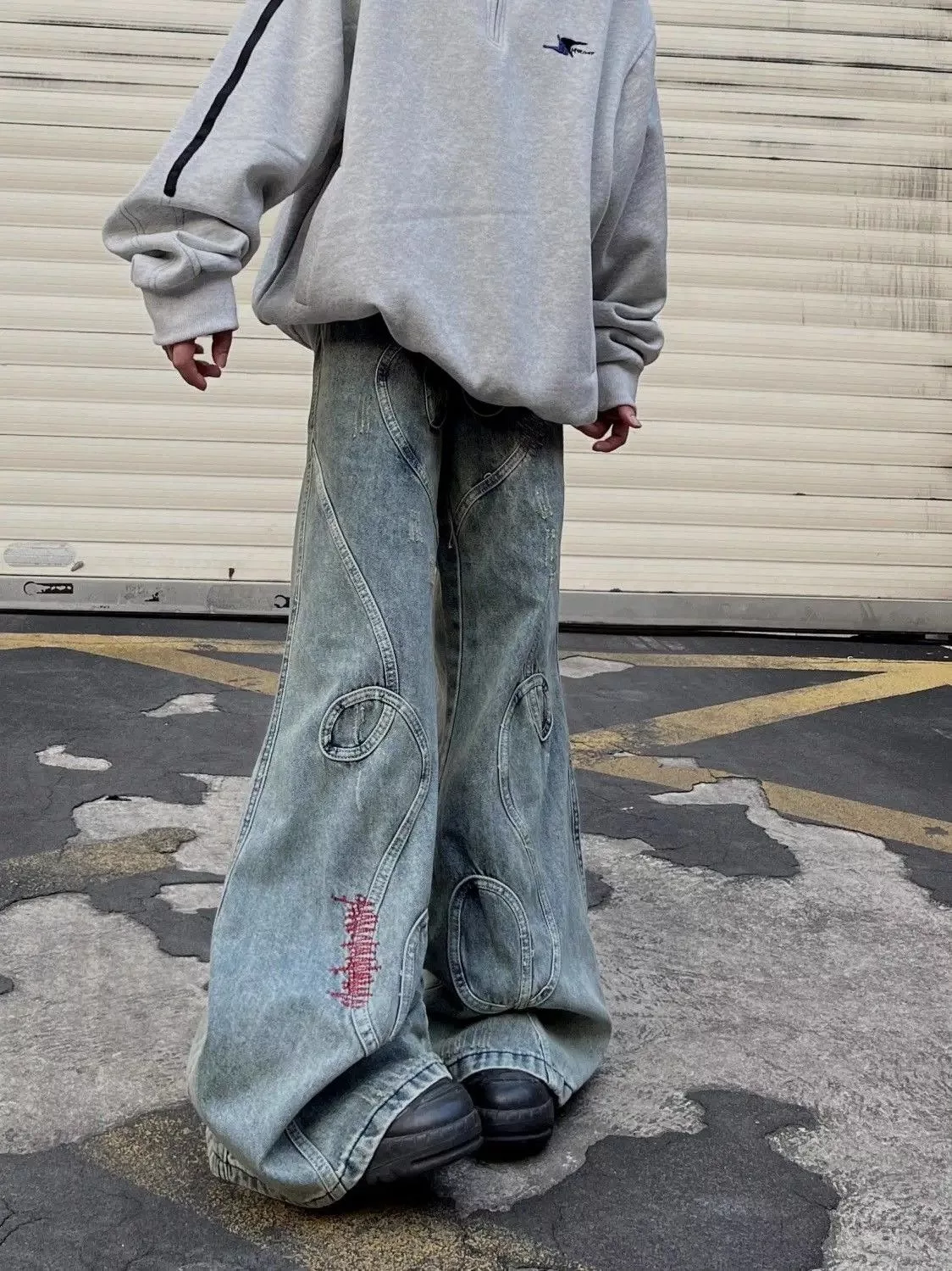 Jean Denim Jean × Vintage Washed Embroidered Micro-flare Jeans Blue