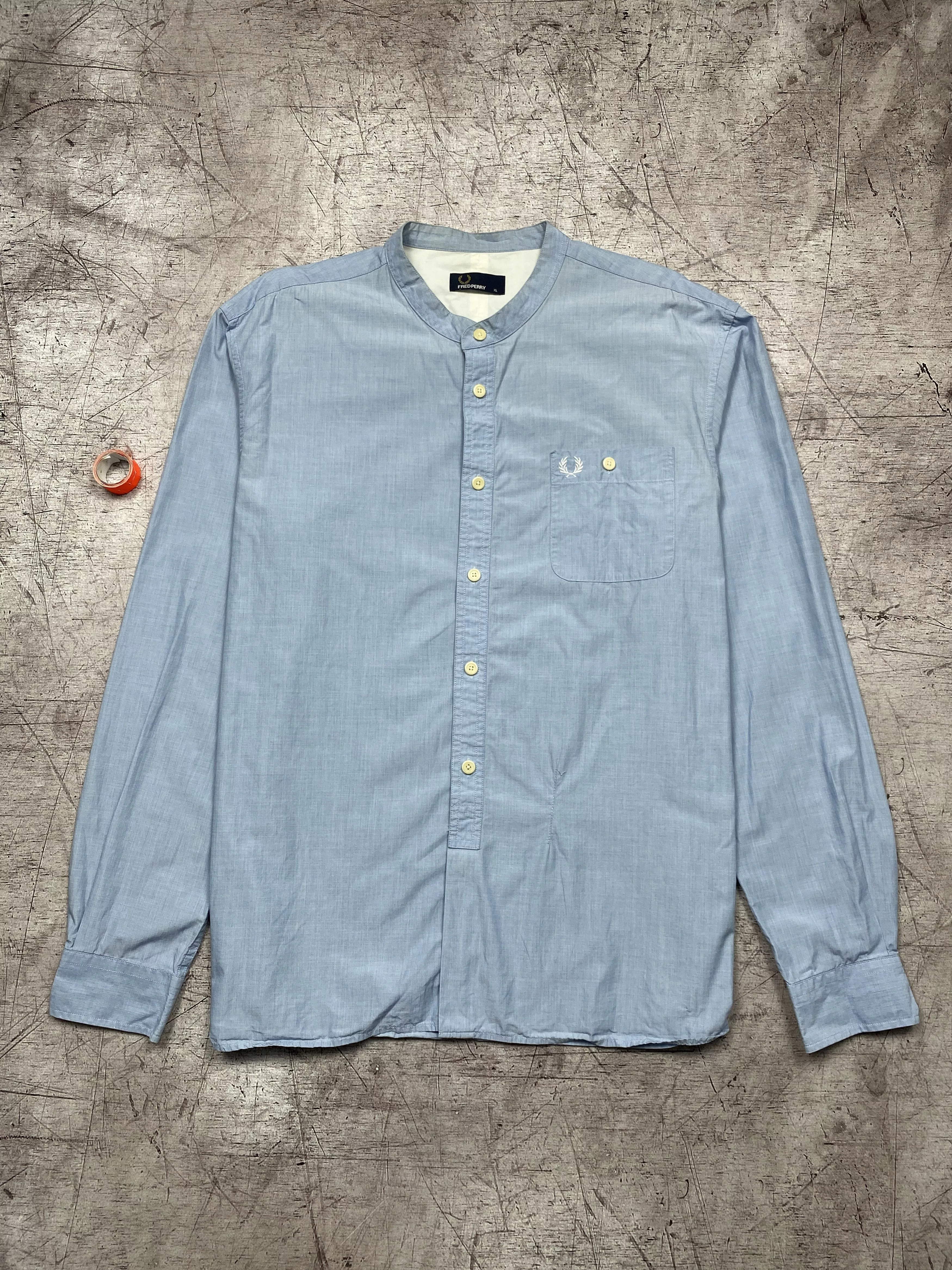 Fred Perry Shirts Button Ups Fred Perry Vintage Mens Collarless Long Sleeve Shirt Blue Streetwear
