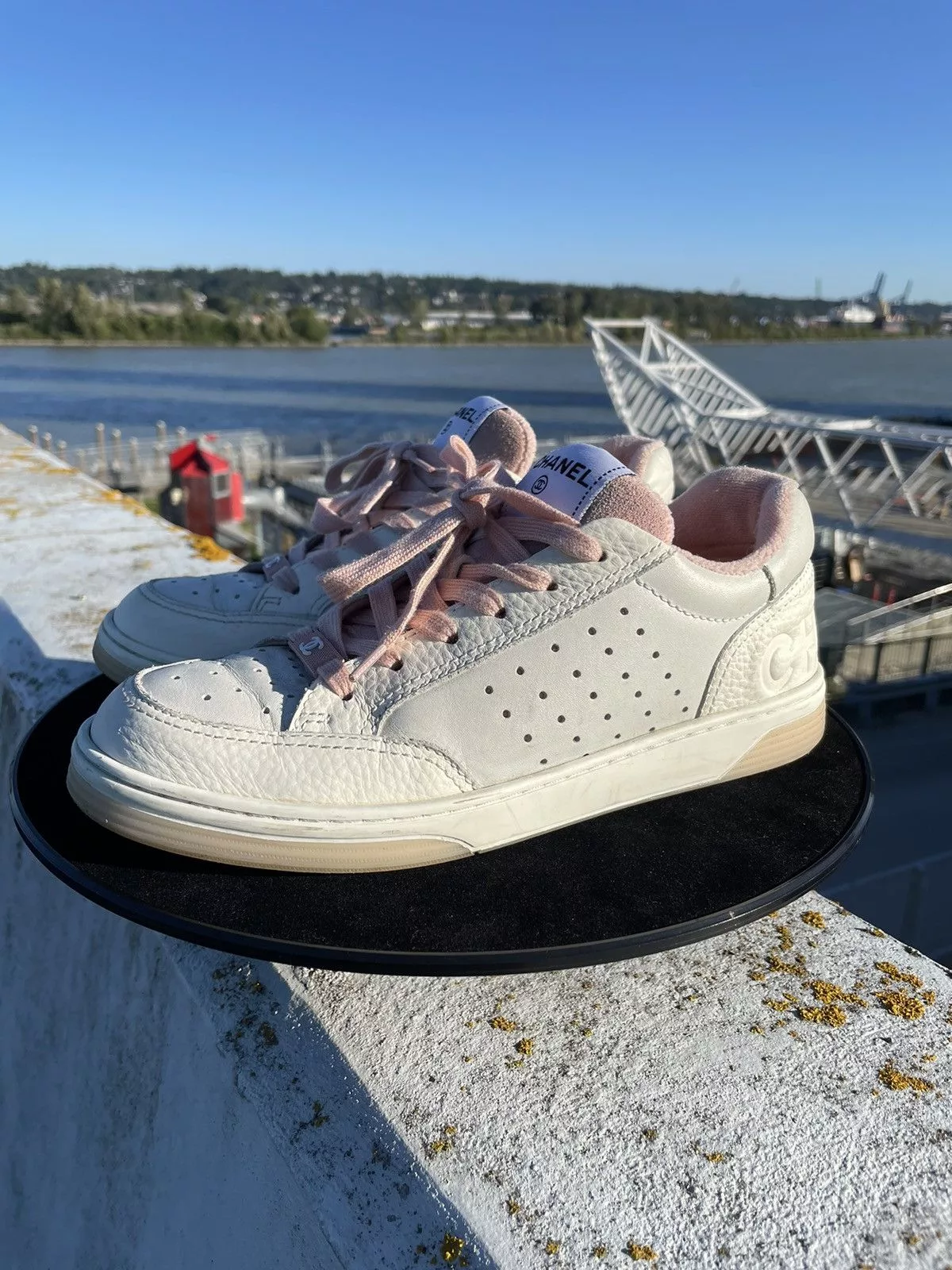 Chanel Low Top Sneakers CHANEL Grained Calfskin Fabric Womens Logo Sneakers White