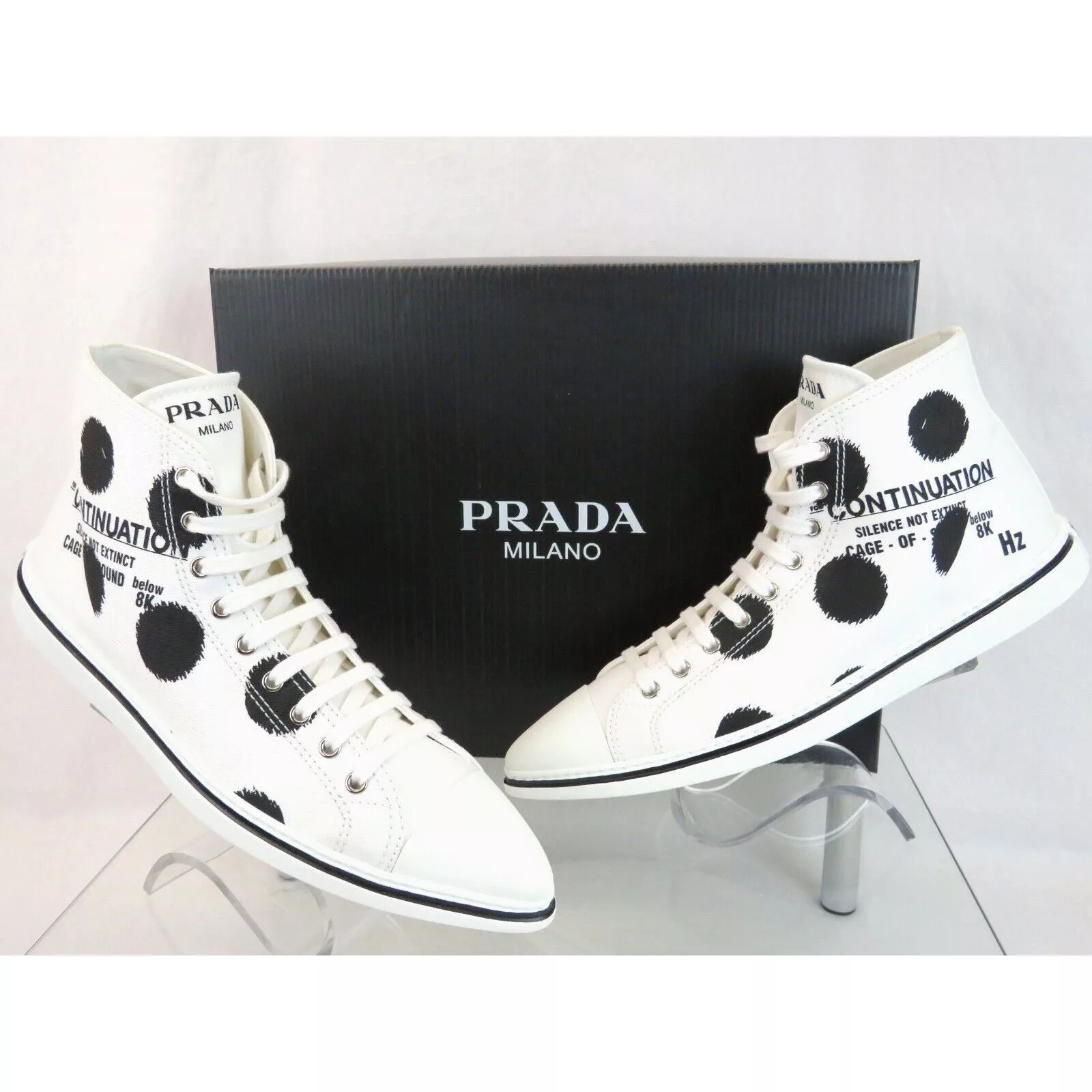 Prada Hi Top Sneakers Prada 1T618M WHITE BLACK POLKA CANVAS LOGO POINTY CAP SNEAKERS 38