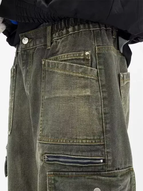 Japanese Brand Denim Japanese Brand × Jean Retro washed distressed workwear loose wide leg jeans Multi Streetwear