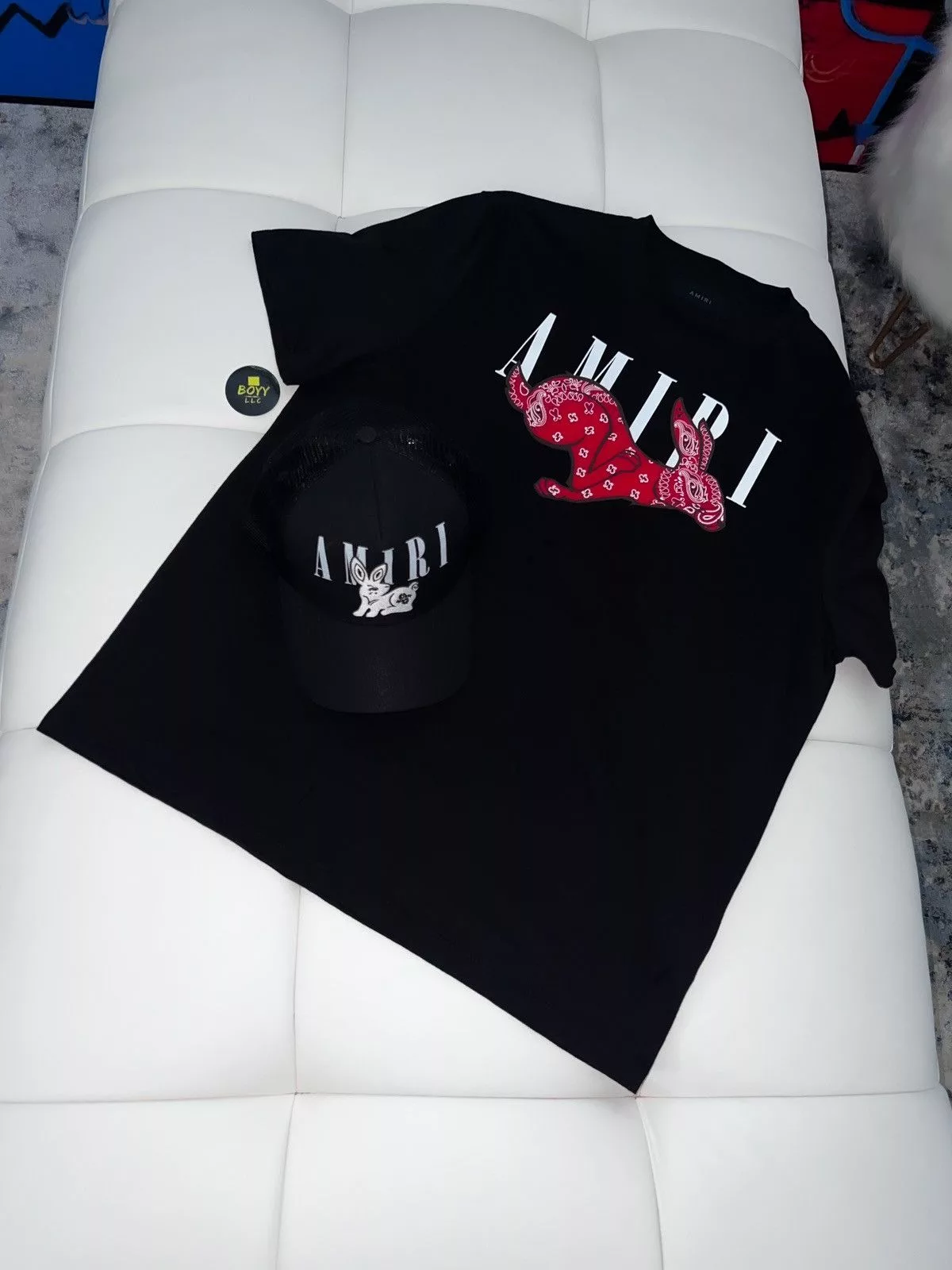 Amiri Short Sleeve T Shirts Amiri bandana logo t Shirt and hat Black
