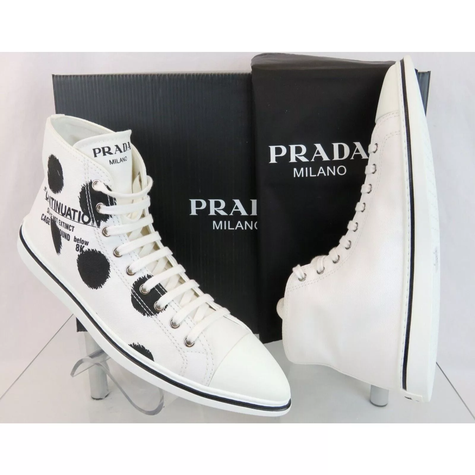 Prada Low Top Sneakers Prada 1T618M WHITE BLACK POLKA CANVAS LOGO POINTY CAP SNEAKERS 40