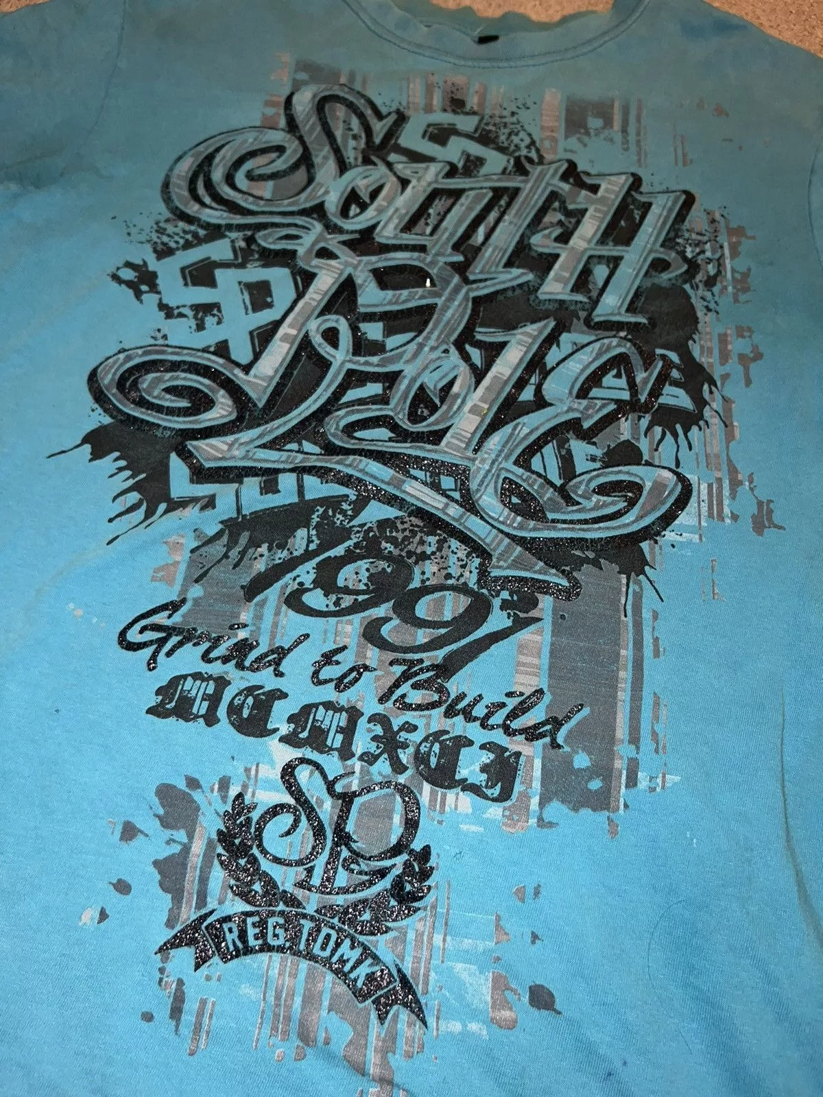 Southpole Short Sleeve T Shirts Southpole × Vintage INSANE Y2K AOP Blue Southpole Glitter Graphic Tee