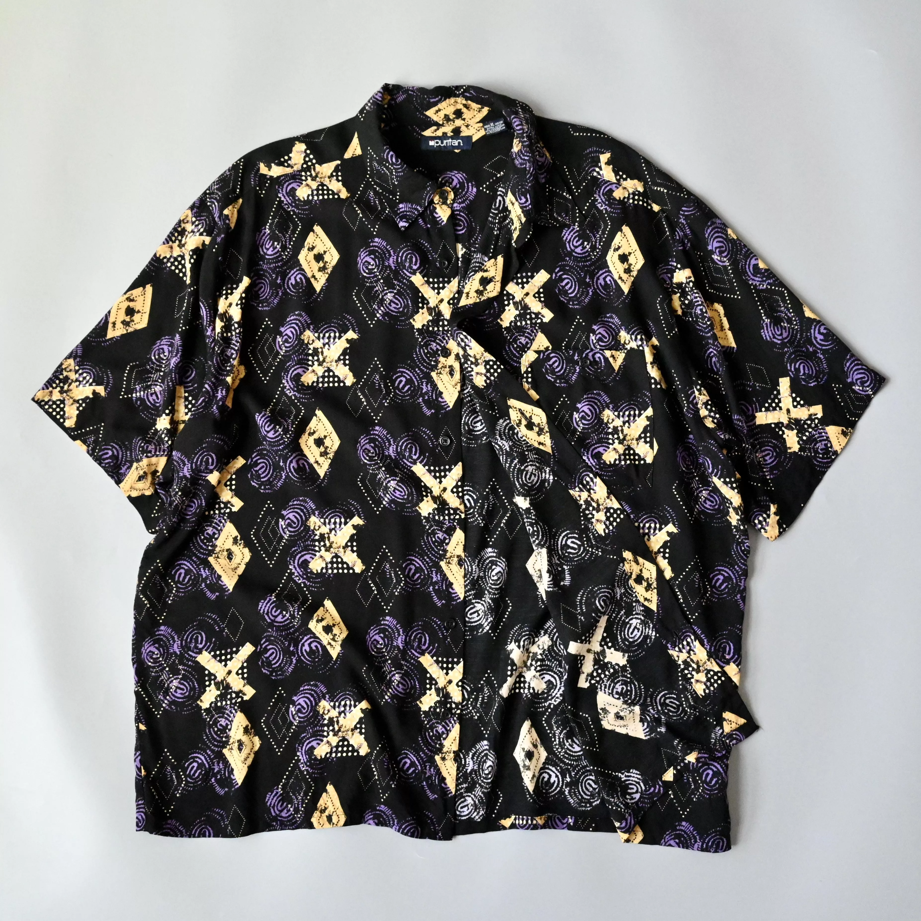Puritan Shirts Button Ups VTG 90s Puritan geometric pattern rayon shirt, Lakers color Black