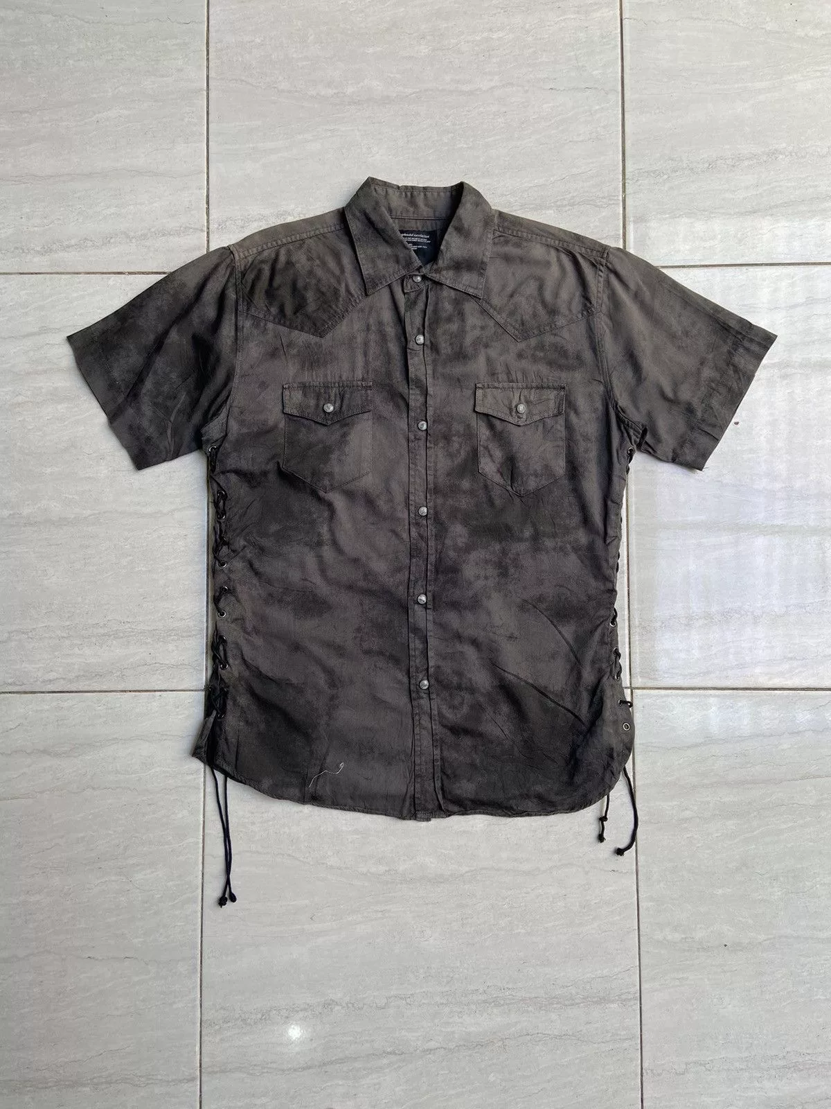 Designer Shirts Button Ups Designer × Japanese Brand × Seditionaries SPLENDID SATISFACTION Tie Dye Patterned Laces Shirt Black