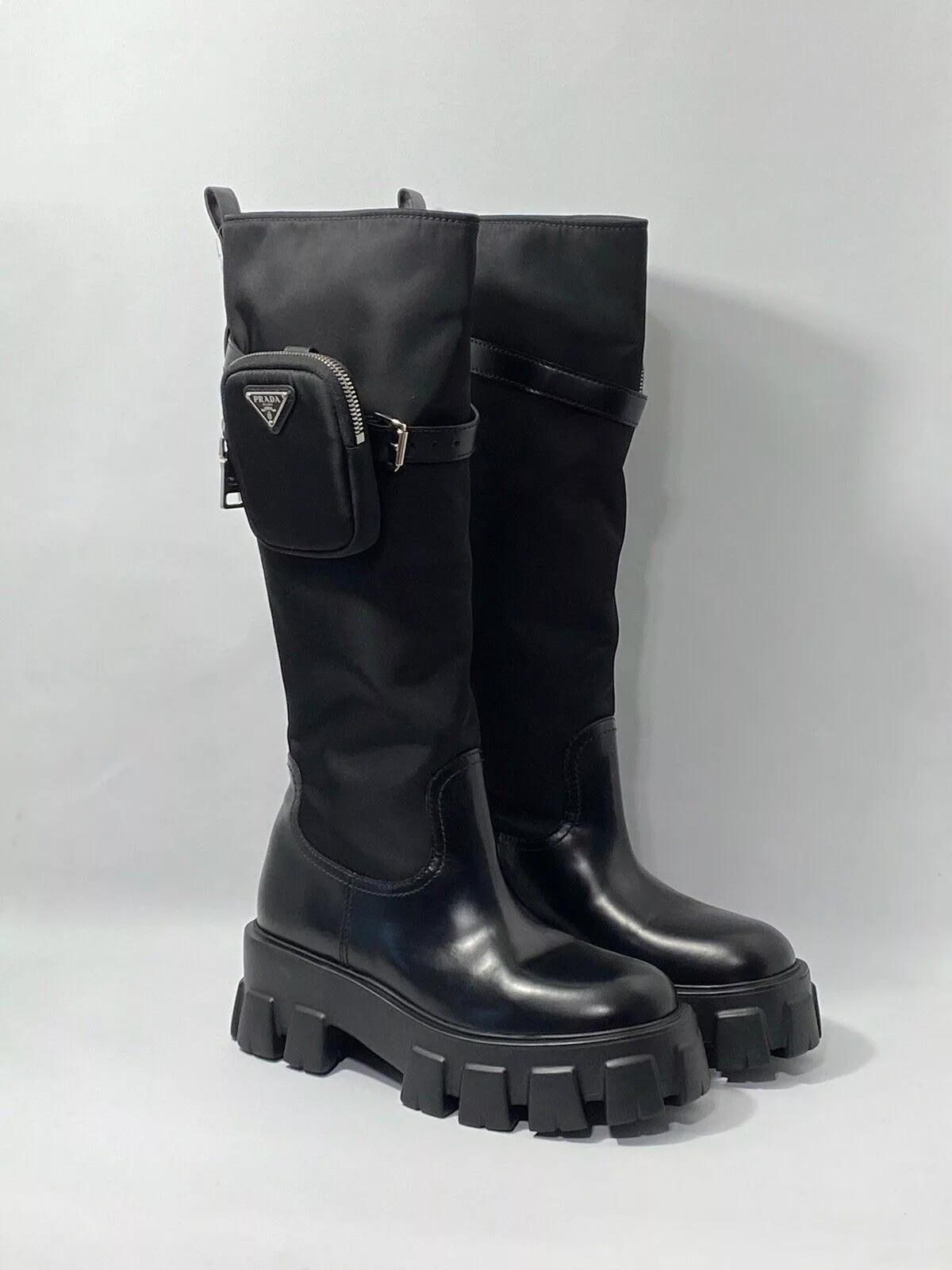 Prada Boots Prada Monolith Re-Nylon Gabardine Knee High Boots with Pouch Black